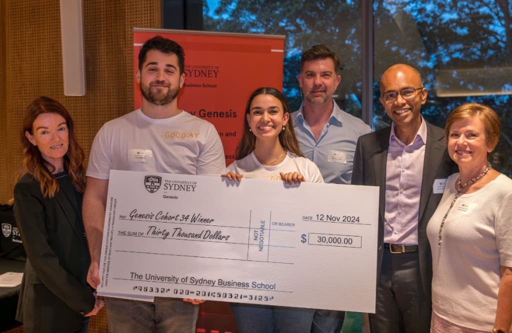Goodtimes team winning the USYD Genesis program with a prize cheque